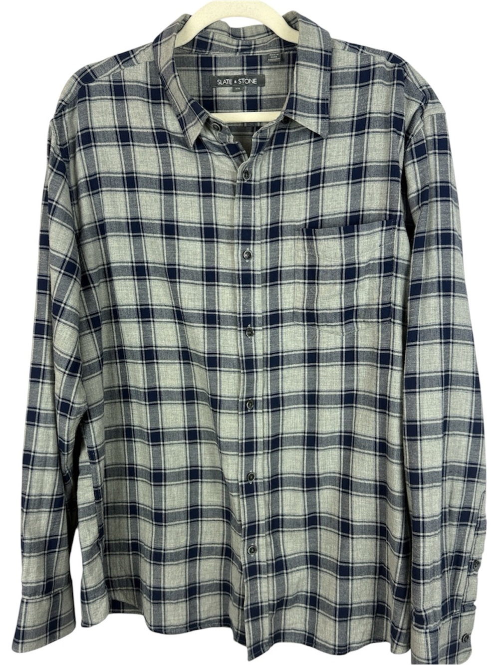 Slate & Stone Cotton Classic Casual Grey Navy Plaid Button Down Shirt XXL